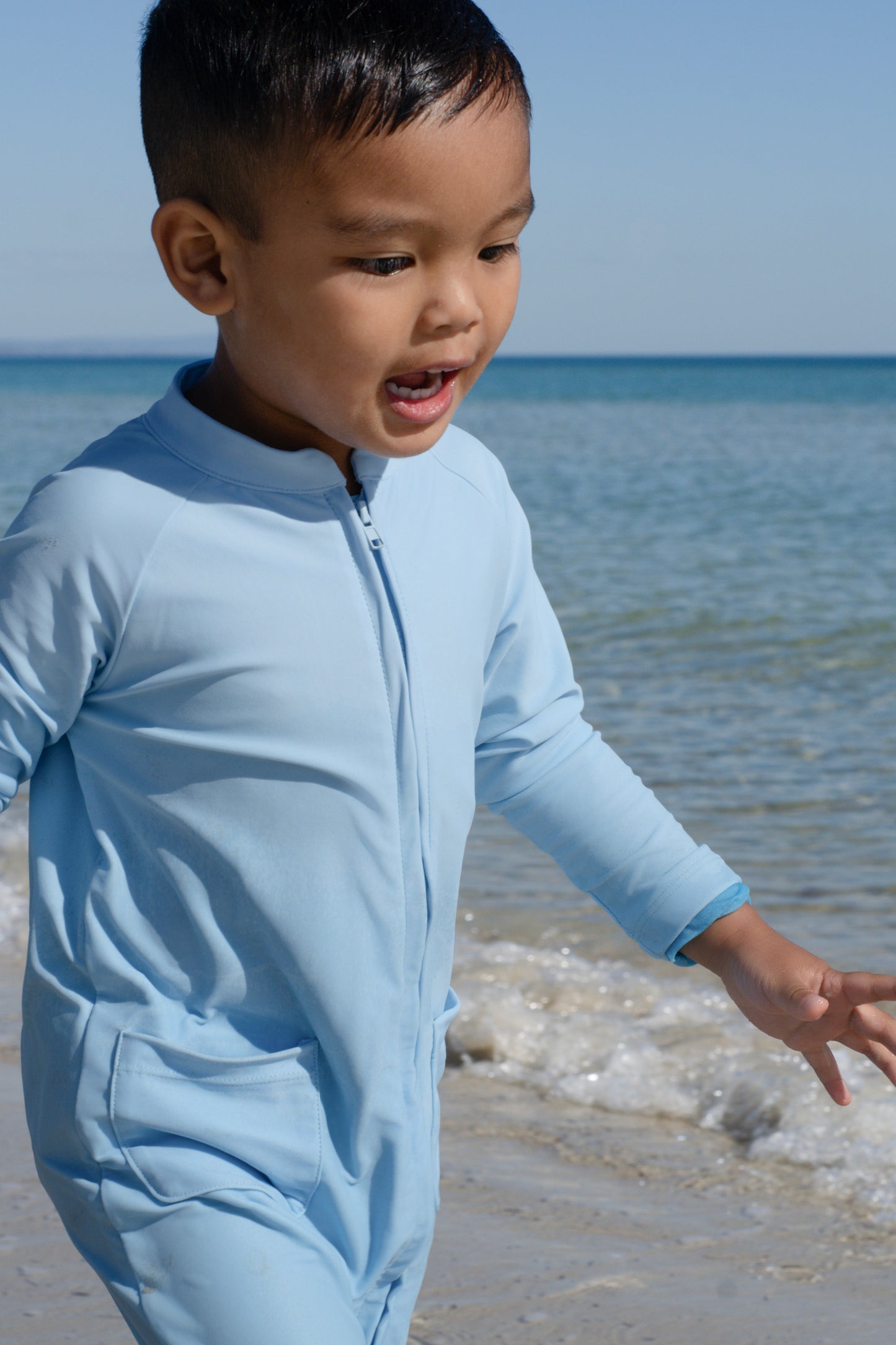 Eczema Friendly Powdered in Blue Bamboo Full Coverage Swimsuit - Kids, Toddlers & Babies