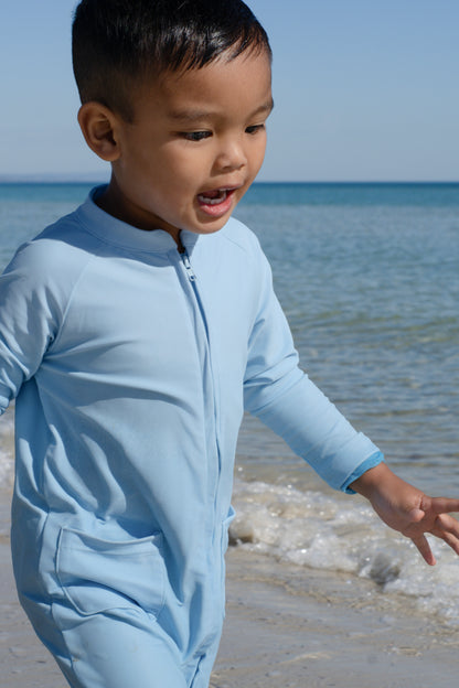 Eczema Friendly Powdered in Blue Bamboo Full Coverage Swimsuit - Kids, Toddlers & Babies